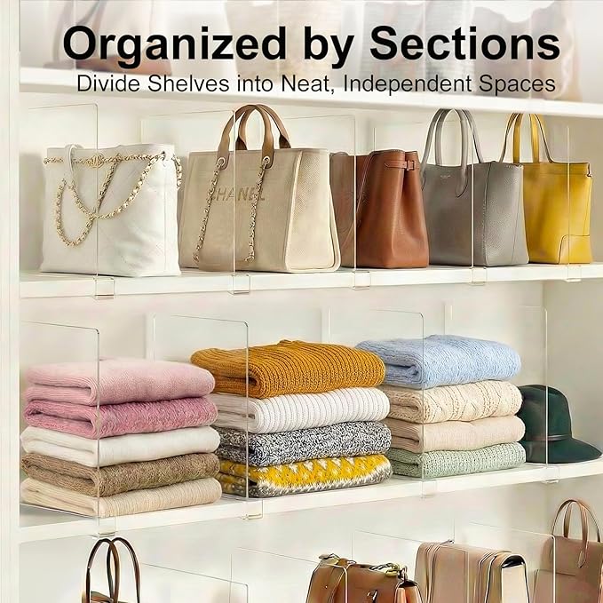 Purse Organizer for Closet Shelf Dividers: 11-inch Tall (Higher Version) Adjustable Clear Acrylic Bag Storage Organizer for Handbags, Sweaters, Towels, Jeans and Shoes on Wood Shelves 8-Pack