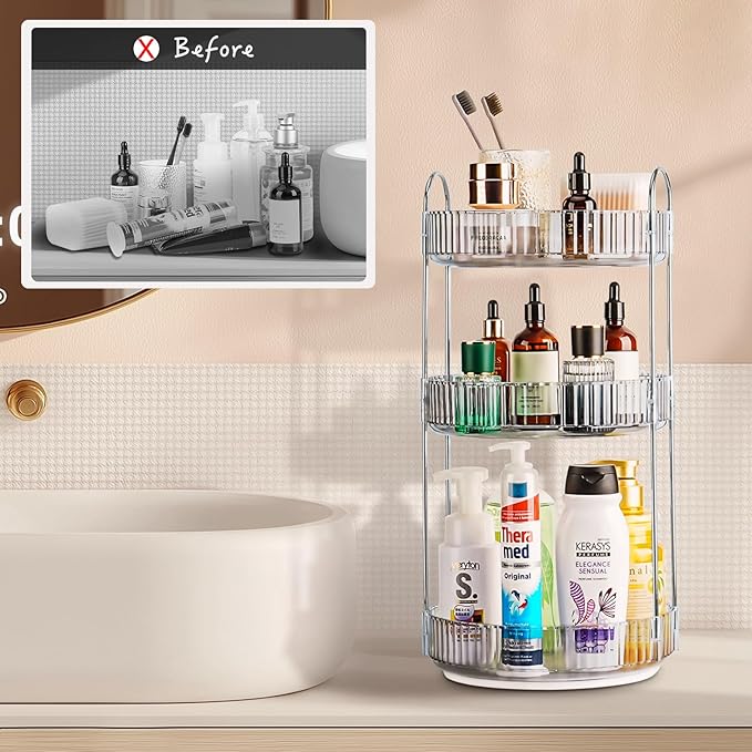 360 Rotating Makeup Organizer, Classic Grey, 3 Tier