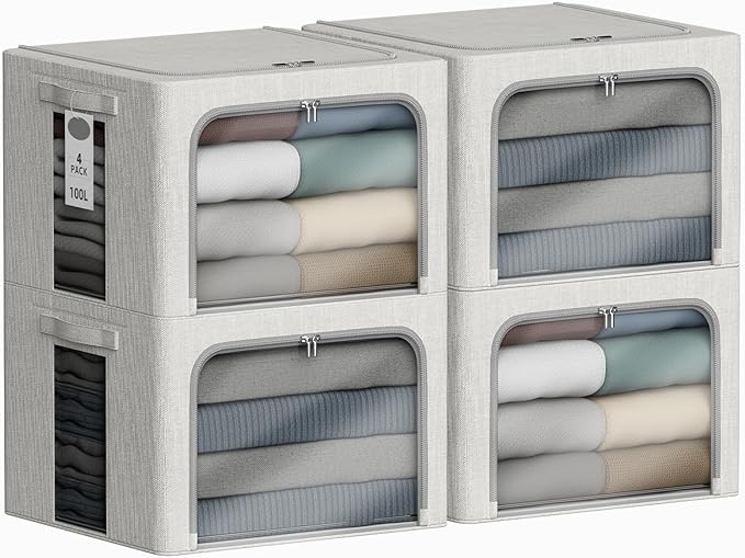 4 Pack Clothes Storage Bins with Metal Frame - 100L Stackable Storage Box with Lid，Foldable Storage Container Organizer for Clothes，Linen Fabric Storage Box with Clear Window＆Zippers＆Handles
