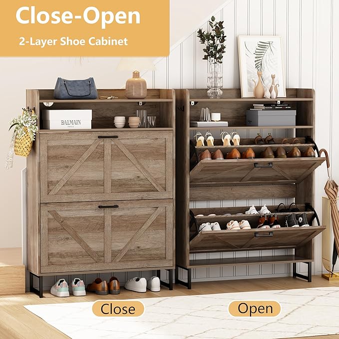Shoe Cabinet with 2 Flip Drawers, Grey