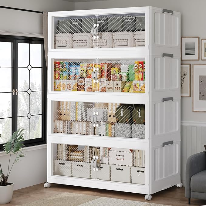 120Gal/480QT 4-Tiers Extra Large Stackable Storage Bins with Lid, Collapsible Cabinet Closet Organizer Plastic Container Box with Wheels Doors Drawers for Office Dorm Kitchen, White