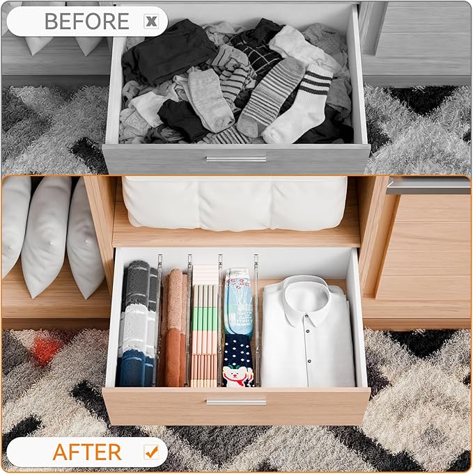 12 Pack Clear Acrylic Drawer Divider 6 Inch High, Expandable from 14-20''
