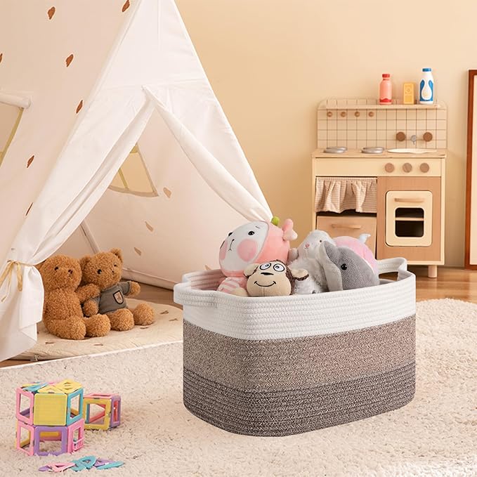 Woven Storage Basket, Cotton Rope Baskets for Toys, Towel, Gradient Dark Brown