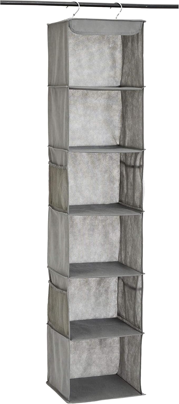 Amazon Basics 6-Tier Hanging Closet Shelf Organizer with Pockets, Clothes Storage for Sweaters and Clothing, 12" W x 9" L x 8.5" H, Grey | Organizer