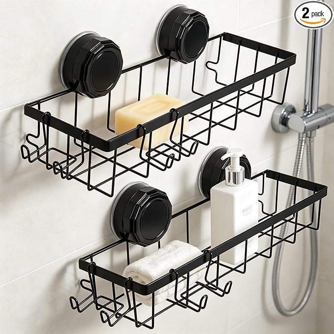Shower Caddy Suction Cup Adhesive with Hooks, Heavy Duty Shower Shelves Storage Organizer for Bathroom, No Drilling Bathroom Shelf with Large Capacity, Black Metal Storage Basket