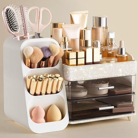 Makeup Organizer with Brush Holder for Vanity, Pearl White