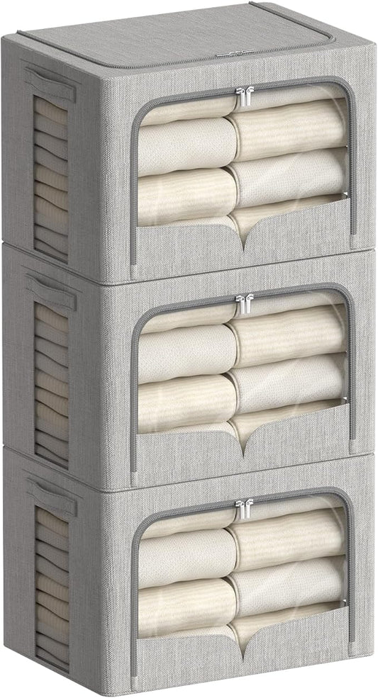 FHSQX 3 Pack Clothes Storage Bins - Foldable Metal Frame Storage Box - Stackable Linen Fabric Container Organizer Set with Carrying Handles and Clear Window (Light Gray, 15.7x11.8x9.8inch(30L))