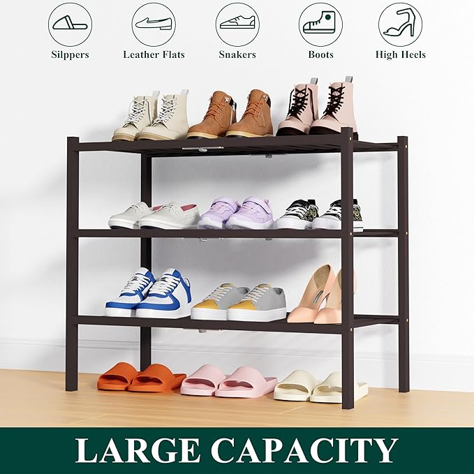 Smiry Bamboo Shoe Rack, 3 Tier Free Standing Wooden Shoe Organizer, Stackable Wood Shoe Storage Shelf for Closet, Entryway, 14 Vertical Slats, 2+1 Stack Heavy-Duty Legs, 26.8"x11"x19.5", Brown