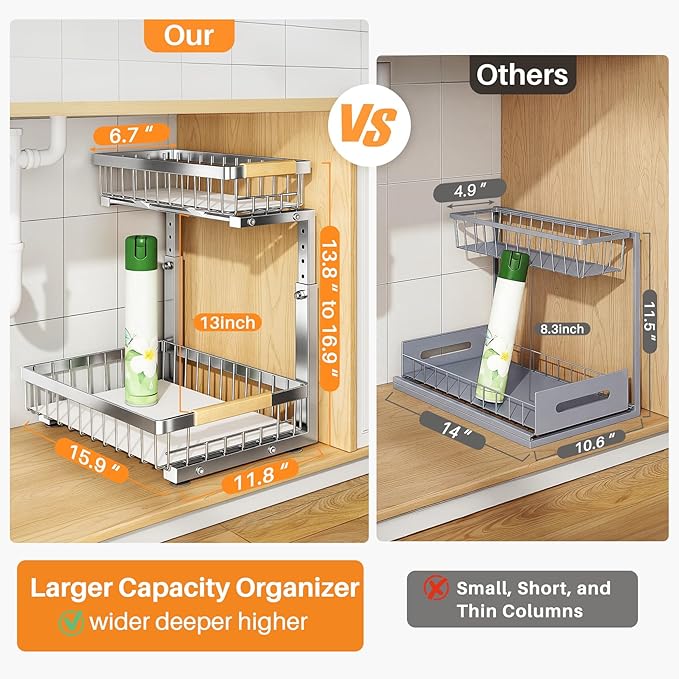 PXRACK Under Sink Organizer, Adjustable Height, 2 Tier Pull Out Cabinet Organizer, Slide Out Thickened Metal Storage for Kitchen Bathroom Laundry Pantry Cabinet, Stainless Steel, Silver, Large-2-Pack
