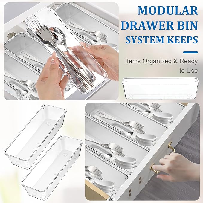 12pcs Clear Plastic Drawers Organizer, 9 x 3 x 2 Inches Stackable Acrylic Drawer Organizer, Non-Slip Clear Drawer Organizers for Bathroom, Office, Kitchen Cabinets, Dressing Tables, Makeup, Utensil