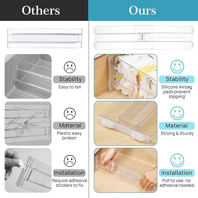 Vtopmart 12 Pack Drawer Dividers for Clothes, 4" High 13"-22" Adjustable Expandable Dresser Drawer Organizer, Clear Plastic Separators for Dresser, Baby Clothing, Underwear, Cosmetic, Toiletries