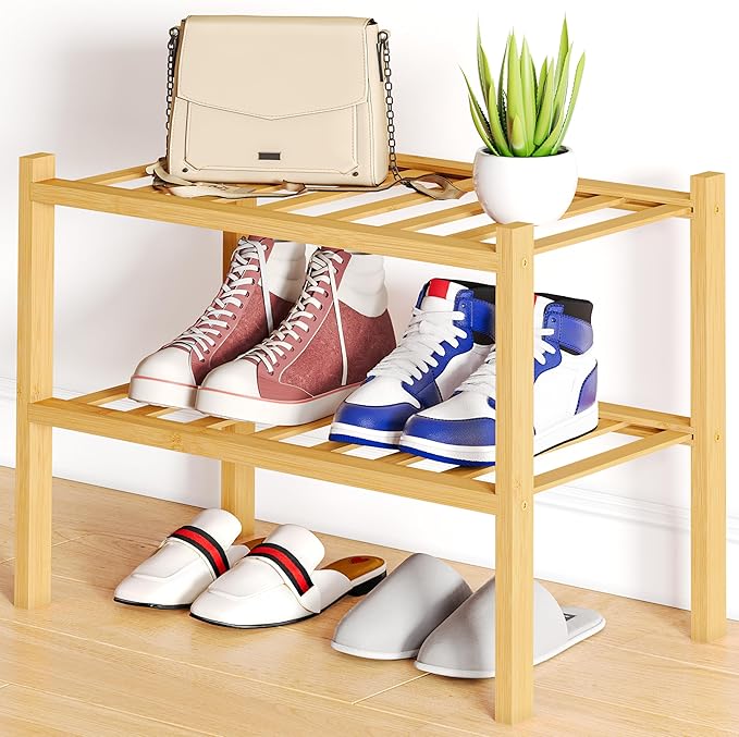 Smiry Small Bamboo Shoe Rack, 2 Tier Free Standing Wooden Shoe Organizer, Stackable Wood Shoe Storage Shelf for Closet, Entryway, 12 Vertical Slats, One-piece Standard Legs, 17.3"x11"x13", Natural