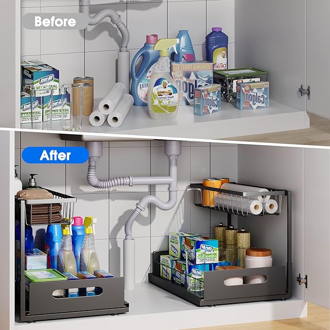 2 Pack Under Sink Organizer, 2 Tier Pull-Out Cabinet Storage Shelf, Black