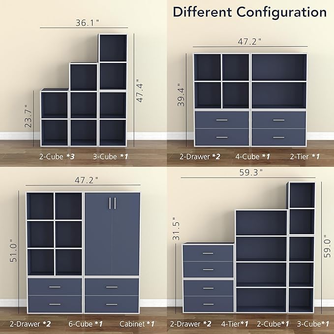 Homes: Inside + Out Apexa 3-Cube Storage Organizer Shelves, Stackable Wood Bookcase Fits Cubby Bins for Organization, Dorm Teen Room Decor & Home Office, Steel Blue