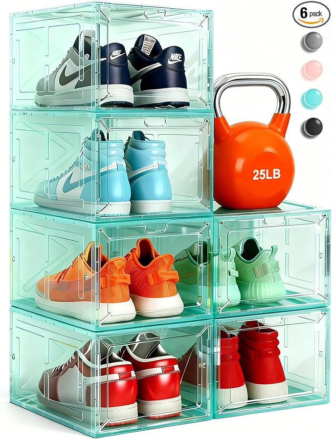 Stackable Clear Green Shoe Boxes 6 Pack with Magnetic Door