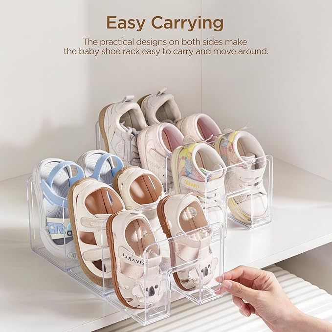 HBlife Widened 4.17 Inch Clear Acrylic Kids Shoe Rack for Closet Organizers and Storage, Small Shoe Rack 3 Sections Toddler Baby Shoe Storage Organizer Shelf, Desk File Book Purse Organizer(4 Pack)