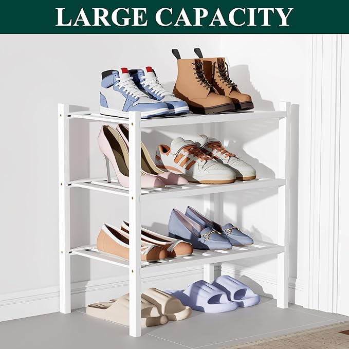Smiry Bamboo Shoe Rack for Closet, 3 Tier Small Wooden Shoe Organizer, Stackable Wood Shoe Storage Shelf for Entryway, 14 Vertical Slats, One-piece Heavy-Duty Legs, 17.32"x11.02"x18.31", White