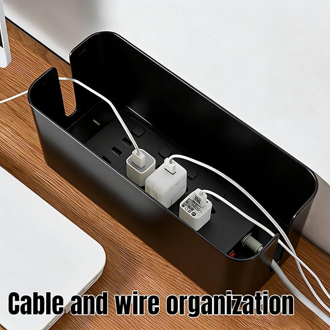 1Large+1Small Cable Organizer Set with 4 Silicone Cable Ties, 2-Piece Cable Management Box, Acrylic Lid Cord Organizer for Home Office,Set of Two Cable Box,Cable Organizer Box(Acryliclid lid/Black)