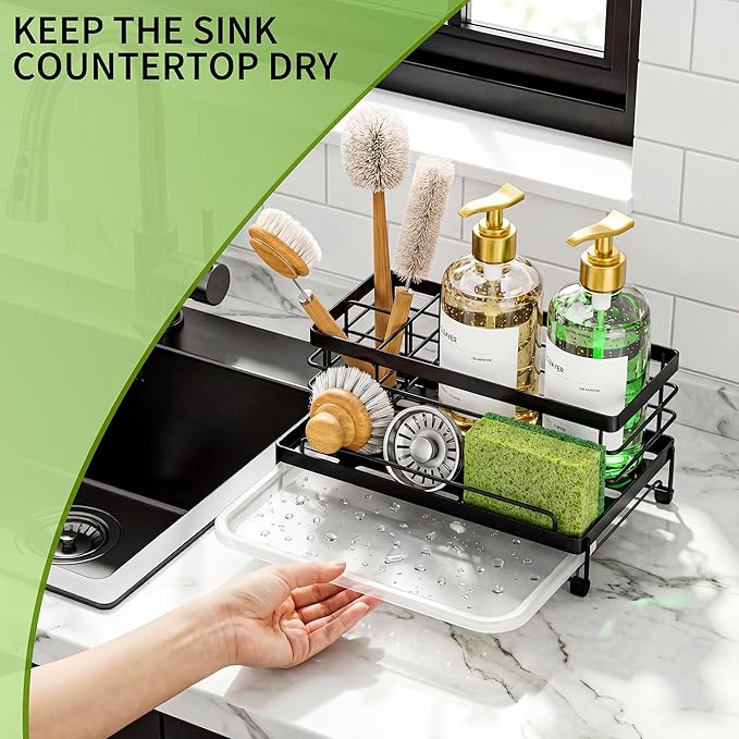 Cisily Black Sponge Holder for Kitchen, Sink Caddy Sink Organizer Rack for Kitchen Accessories with Drip Tray, Rustproof and Non-slip, Soap Dispenser Countertop Organizer Essentials for New Home