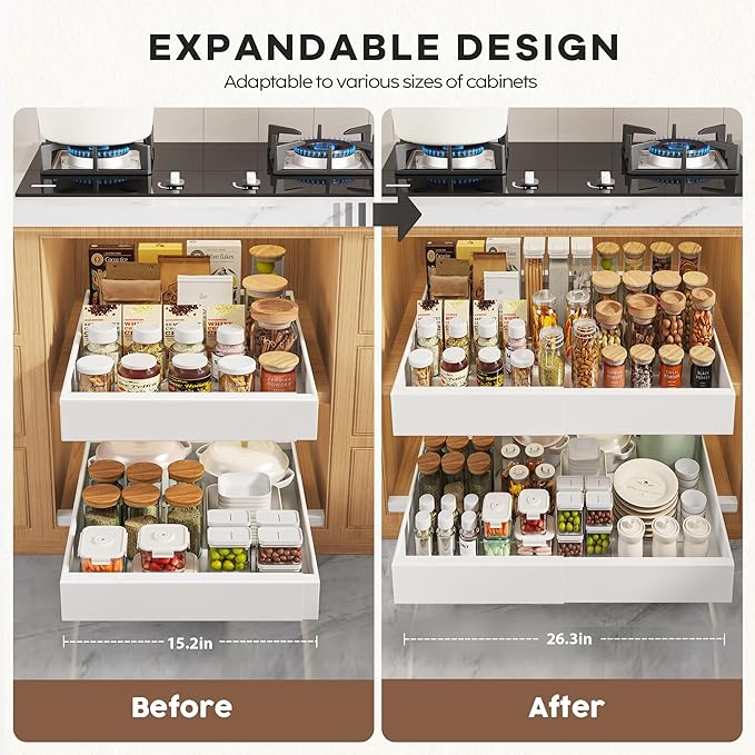 Seinloes 2 Pack Pull Out Cabinet Organizers 21" Deep With Raising Pad for Framed Cabinets, Expandable Width (15.2"-26.3") Slide Out Drawers Upgrade 3 Slide Rails, Roll Out Shelves Adhesive, White