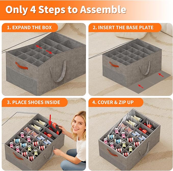 Aokeyee 2 Pack Shoe Organizer for Closet, Large Shoe Storage Box Fits up to 48 Pairs, Space Saving Foldable Shoes Organizer Bin w/Clear Cover and 4 Reinforced Handles, Grey