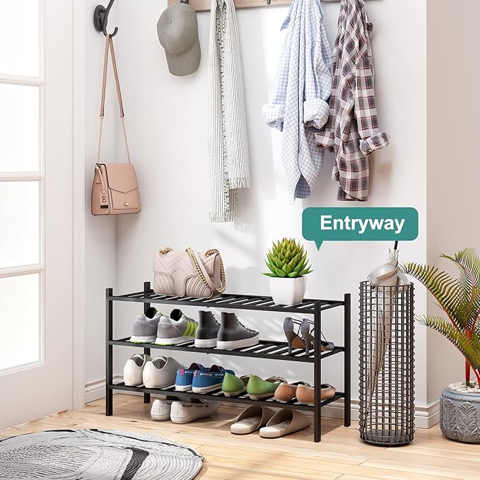 3-Tier Long Black Shoe Rack, Bamboo Wood Shoe Rack for Closet