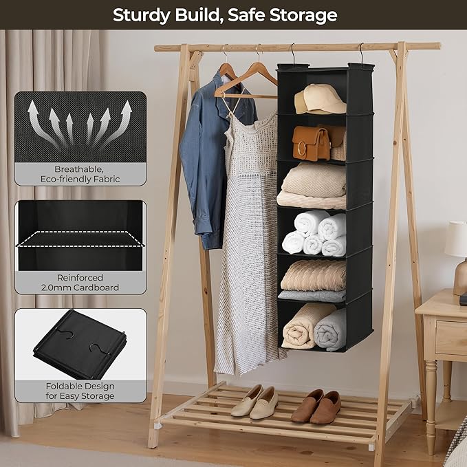 SAYS 6 Shelf Hanging Closet Organizers and Storage, Black