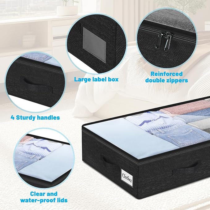 2 Pack 100L Under Bed Storage Containers, Low Profile Closet Organizers and Storage Bins for Dorm, Foldable Underbed Bag for Clothes, Blanket, Sheet, Wrapping Paper, Clear Window & Dual Zippers, Black