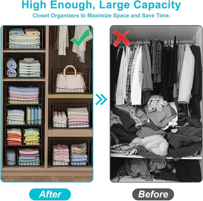 Hongtamoya 4-Tier Closet Organizers and Storage Basket with Divider, Foldable Closet Shelf Organizer System, Space-Saving Clothes Storage Drawer Organizer Bins for Wardrobe Cupboard, Black