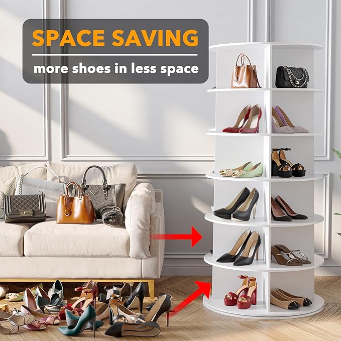 6 Tier Rotating Shoe Rack Tower, Spinning Shoe Display Lazy Susan, 6-Tier White