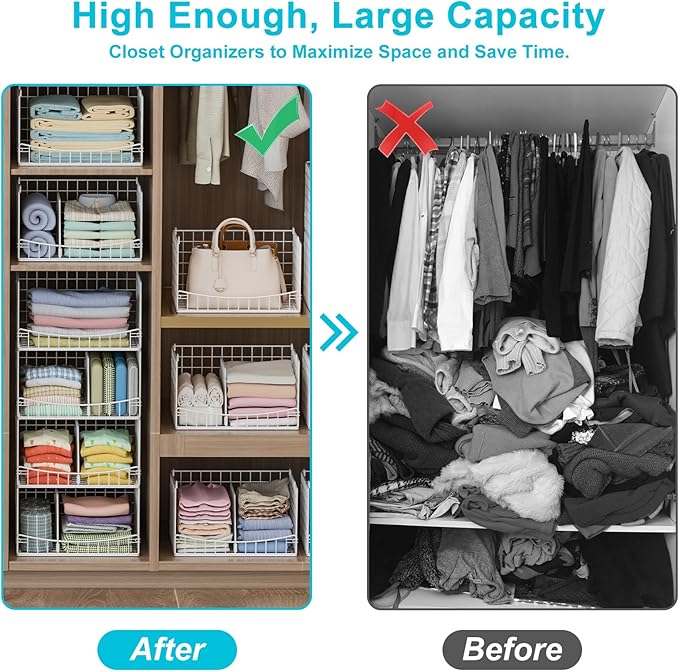Hongtamoya 4-Tier Closet Organizers and Storage Basket with Divider, Foldable Closet Shelf Organizer System, Space-Saving Clothes Storage Drawer Organizer Bins for Wardrobe Cupboard, White