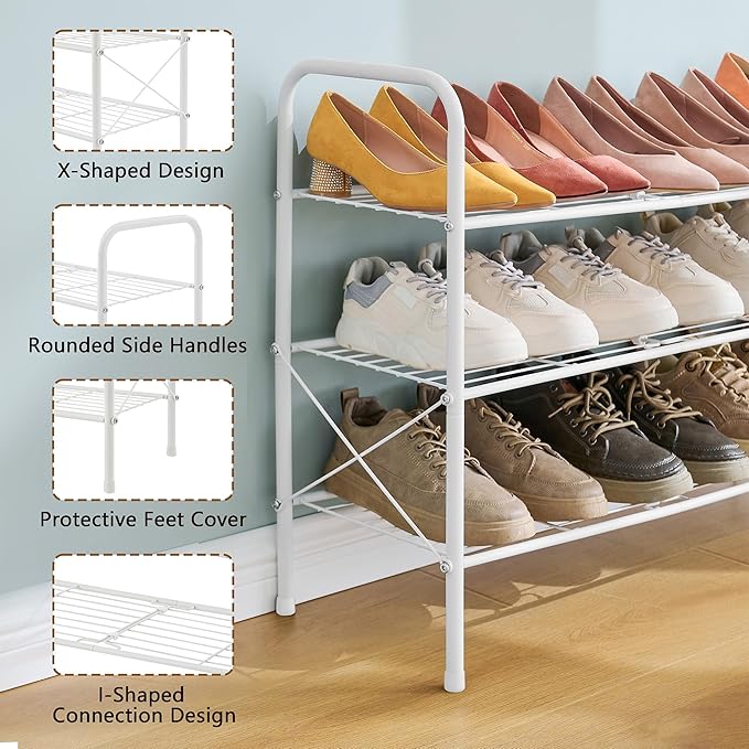 Hoctieon 3 Tier Durable Mesh Style Shoe Rack, Entryway Shoe Shelf, Shoe Rack FreeStanding, Shoe Storage Organizer, Shoe Rack for Closet, Space Save For bathroom, Hallway, Bedroom, Living Room, White