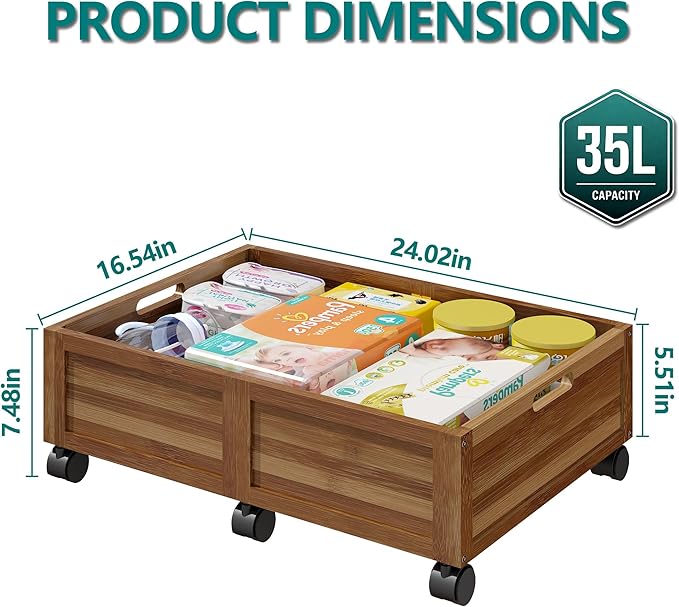 WISUCART Wood Under Bed Storage Containers Underbed Organizer with Wheels Sturdy Wood Rolling Under Bed Shoe Storage Organizer 2 Packs (Walnut, Small)