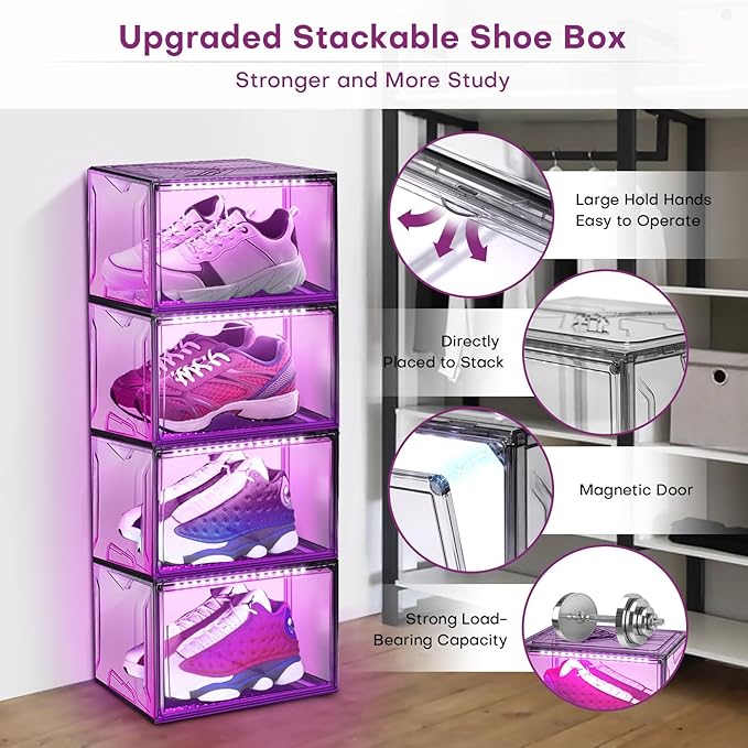 Oltraman Shoe Storage Organizer for Closet, Foldable Shoe Boxes Rack 2 pack, Clear Plastic Stackable Containers Bins Holder, Magnetic Sneaker Shelf for Sneakerheads with LED Lights Grey