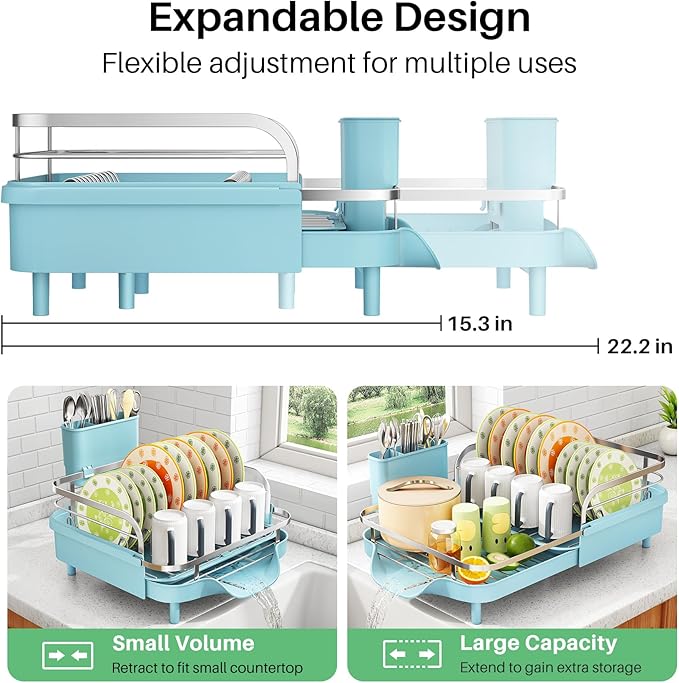 Dish Drying Rack, Expandable Dish Rack for Kitchen Counter, Blue
