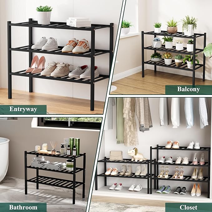 Smiry Long Bamboo Shoe Rack, 4 Tier Free Standing Wooden Shoe Organizer, Stackable Wood Shoe Storage Shelf for Closet, Entryway, 12 Vertical Slats, 2+2 Stack Standard Legs, 33.7"x11"x26", Black