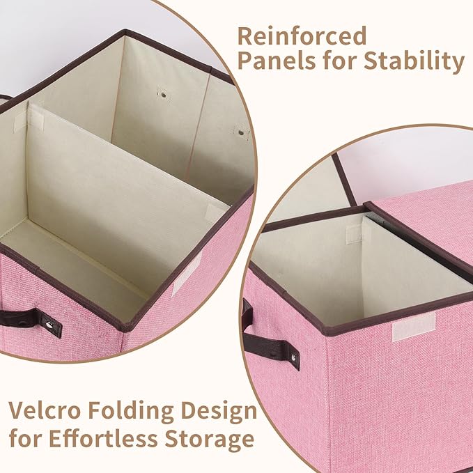 Foldable Fabric Storage Box, 16.5 x 11.8 x 9.8 inches (L x W x H), with Double-Lid & Dividers, Large Organizer for Home, Closet, Office(Pink, 4 Packs)