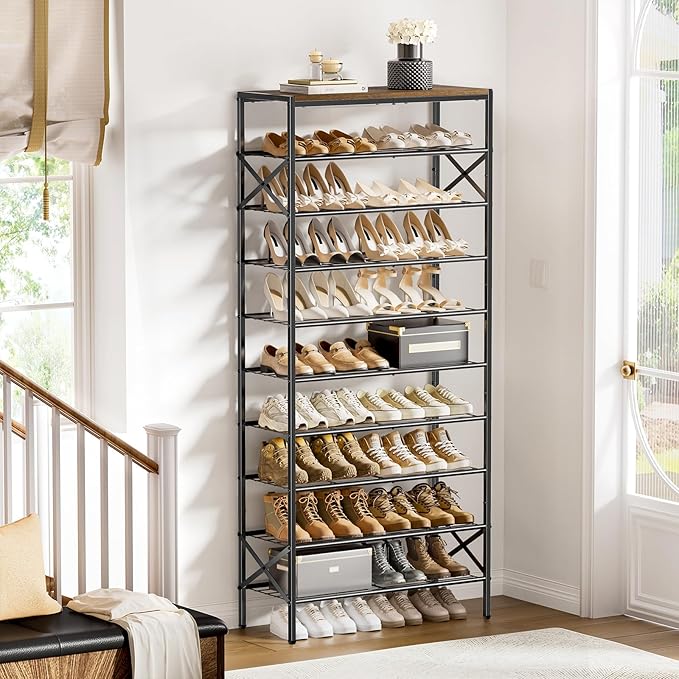 10-Tier Tall Shoe Rack Organizer Shoe Storage for Entryway 30-40 Pairs Metal Shoe Rack for Closet Heavy-Duty Shoe Rack with Wooden Top Shelf for Garage Rustic Brown