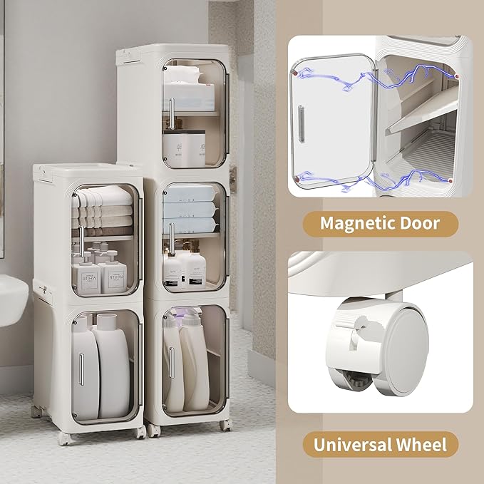 5-Tier Tall Narrow Storage Cabinet, Slim Bathroom Storage Cabinet with Adjustable Shelves and Wheels, Narrow Organizer for Small Space, Bathroom, Kitchen, Laundry, White