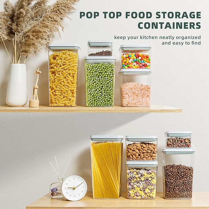 Airtight Food Storage Containers with Lids - 10 PCS Stackable Modular Pantry Organization and Storage Set for Flour, Spaghetti & Cereal - Clear Kitchen Canisters with Measurement Scales