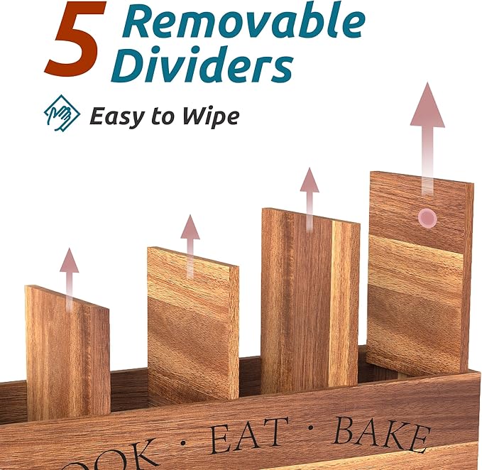 Suli Acacia Wood Utensil Holder for Kitchen Counter,Extra Large Utensils Holder with 4 Compartments,Caddy Organizer for Countertop, Farmhouse Kitchen Decor, Rustic Cooking Utensil-Acacia Brown