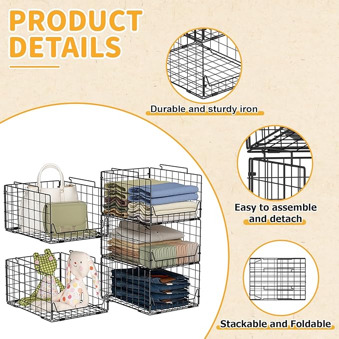 Jakyitvi 5-Tier Stackable Closet Organizer Shelf – Foldable Metal Storage Bins for Clothes, Sweaters & Towels | Stylish Black Wire Baskets for Bedroom, Wardrobe, Dorm or Entryway
