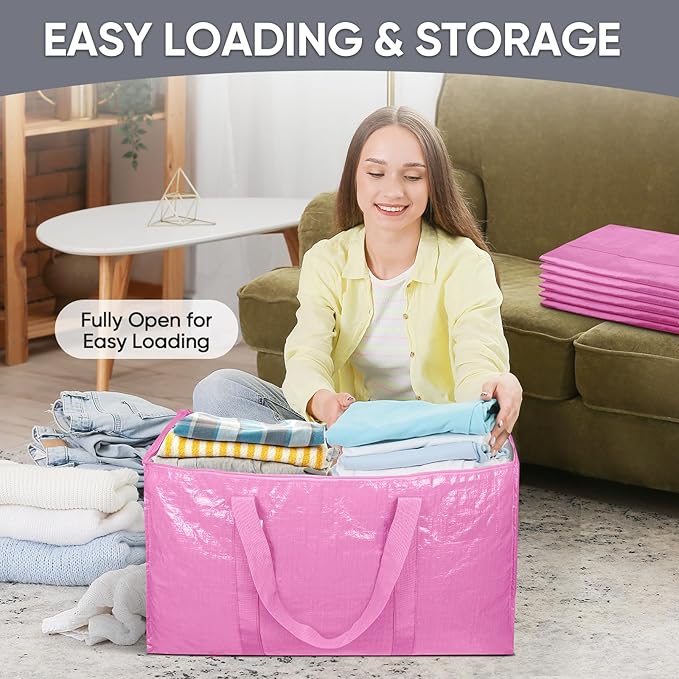 TICONN 8 Pack Extra Large Moving Bags Heavy Duty with Zippers & Carrying Handles, Durable Storage Bags Moving Boxes for Closet Organizers and Storage (8 Pack, Pink)