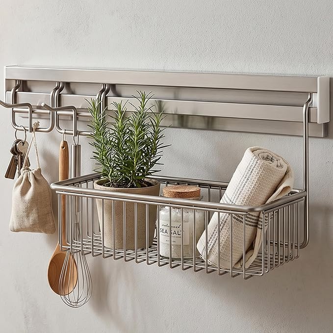 Premium Shower Caddy,Adhesive Wall Organizer Storage Basket ,Wall Mounted Shelves Shower Caddy Modern Home Style for Home Kitchen Bathroom, Storage Rack with Removable Basket & Hooks,Machine Washable