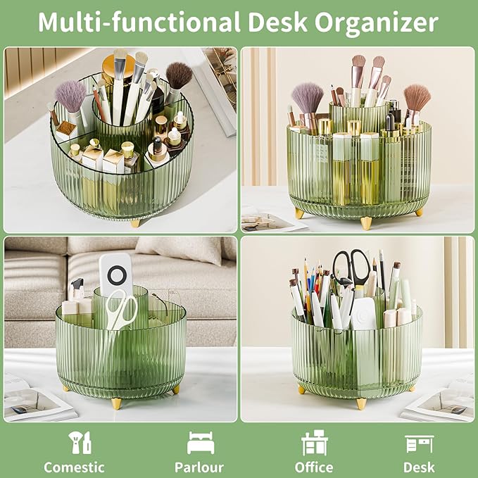 Clear Rotating Makeup Organizer Countertop for Vanity, 360° Makeup Brush Holder Organizer with 5 Compartments, Transparent Cosmetic Storage for Lipstick, Skincare, Bathroom Counter(Transparent Green)