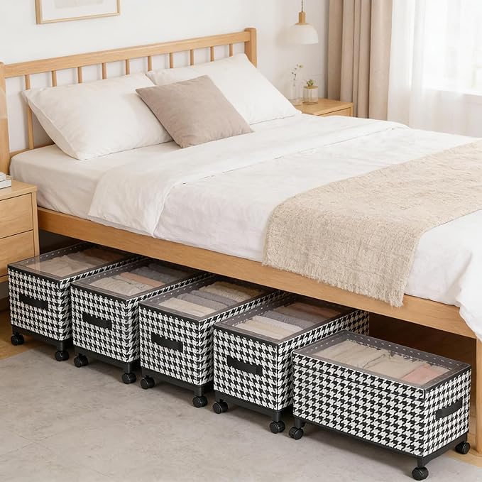 Under Bed Storage with Wheels, 65L Adjustable Underbed Bins 30.3×11.4×11.8" for Clothes Shoes Blankets (white)