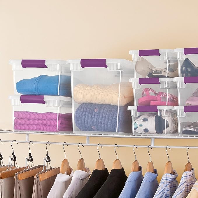 Sterilite 27 Quart ClearView Latch Box, Stackable Storage Bin with Latching Lid, Organize Clothes, Shoes in Closet, Clear Base and Lid, 18-Pack