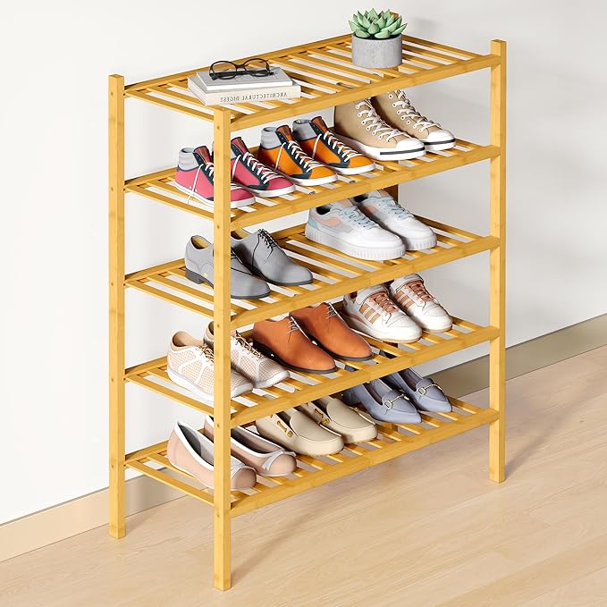 Smiry Bamboo Shoe Rack for Closet, 5 Tier Wooden Shoe Organizer, Stackable Wood Shoe Storage Shelf for Entryway, 14 Vertical Slats, 2+3 Stack Heavy-Duty Legs, 26.77"x11.02"x31.3", Natural