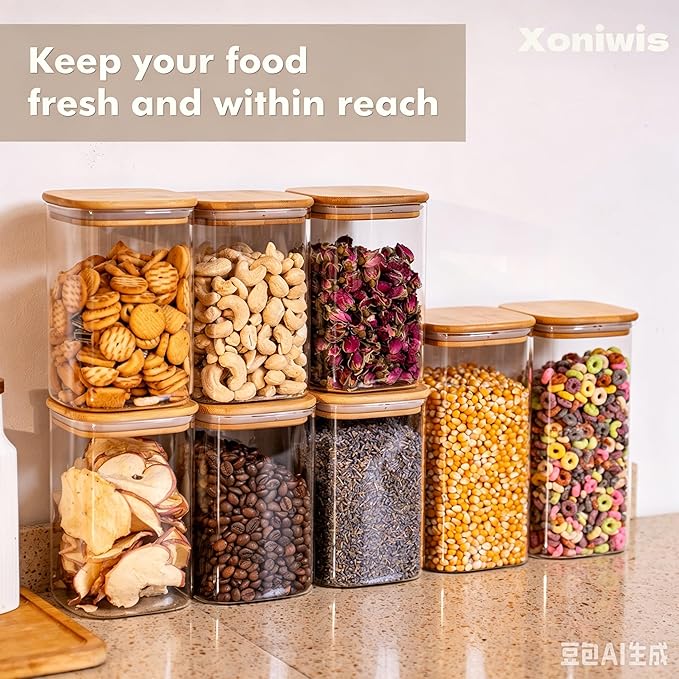 3-Pack 1.6Qt Square Glass Storage Jars with Bamboo Lids, Pantry Storage Containers for Neat Organization, Ideal for Minimalist Kitchen Organizer, Nut, Coffee Beans, Oats, Cookie, Candy, Flour