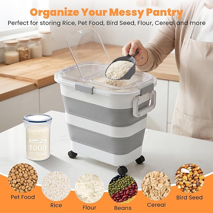 30 Lbs Rice Storage Container with Wheels, Collapsible Airtight Food Storage Container with Transparent Lid, Measuring Cup, Scoop, Handle, BPA Free Rice Holder for Pet Food, Grain, and Bird Seed